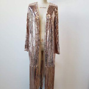 SEQUIN TASSEL LONG CARDI - Rose Gold
